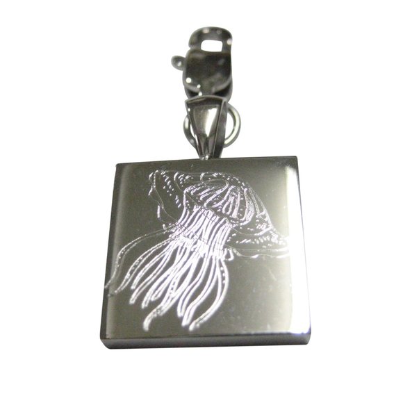 Silver Toned Square Etched Jellyfish Pendant Zipper Pull Charm - Picture 1 of 2